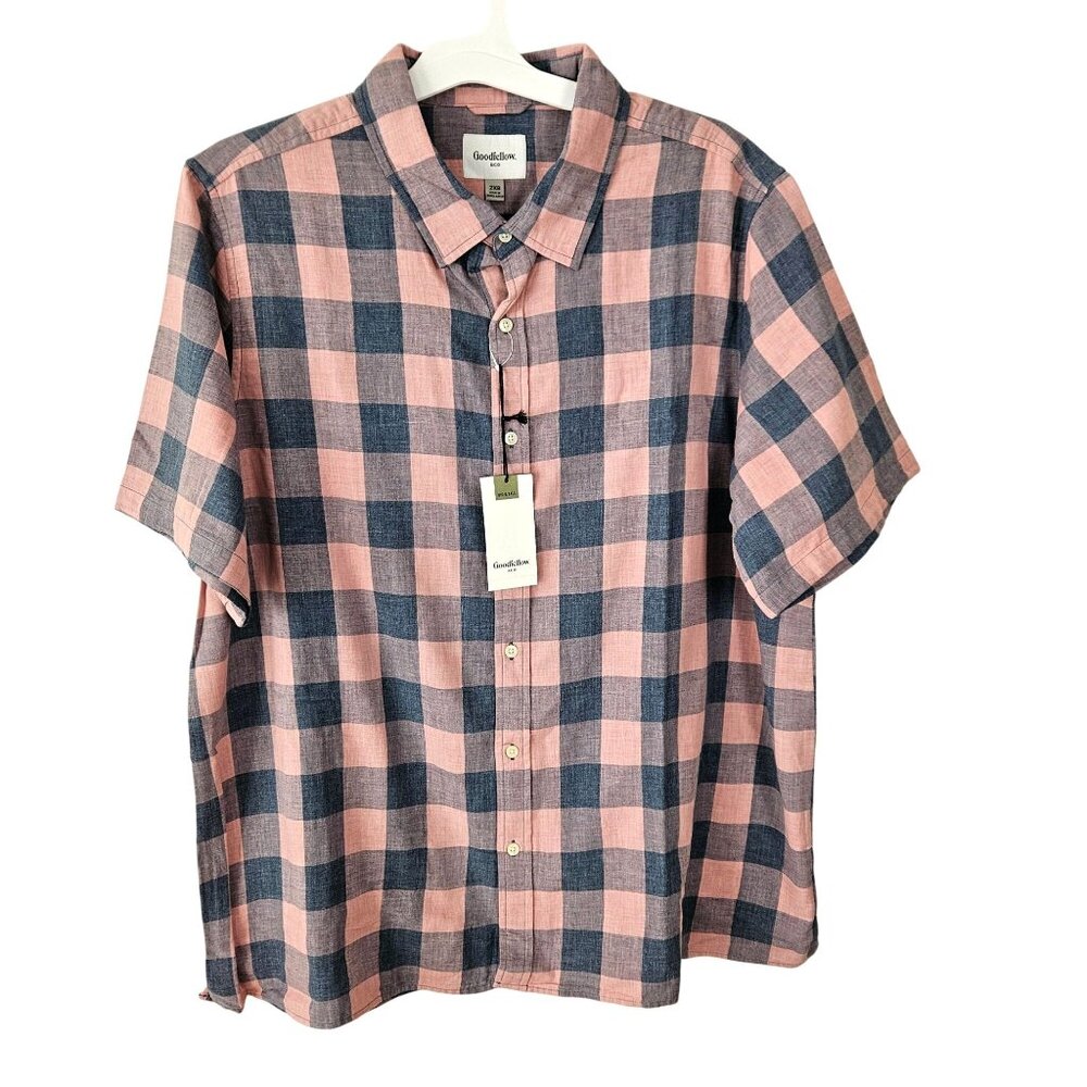 Mens 2XB Big & Tall Goodfellow & Co Pink & Blue Plaid Short Sleeve Cotton Shirt